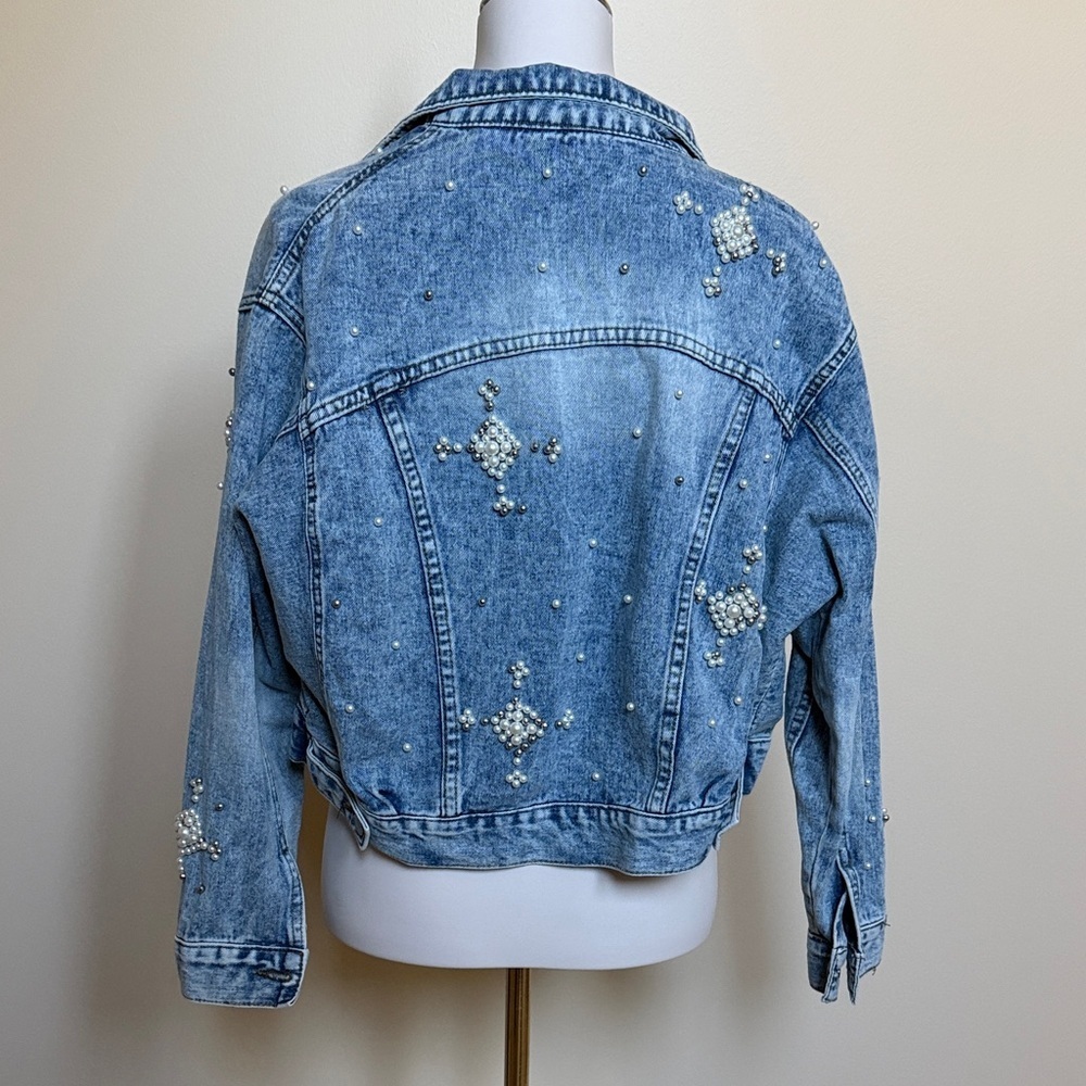 Veveret Pearl Studded Denim Jacket Cropped Jean Jacket Embellished Medium Wash - Picture 4 of 5